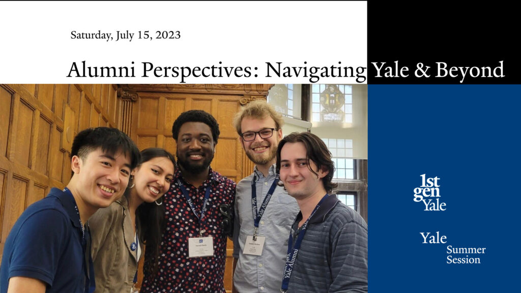 five alums smile and face camera in a wood-paneled Yale classroom